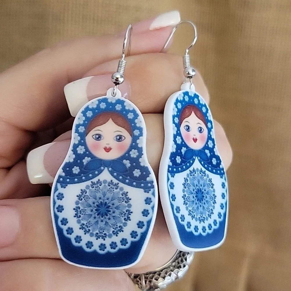 Matryoshka Drop Earrings, blue